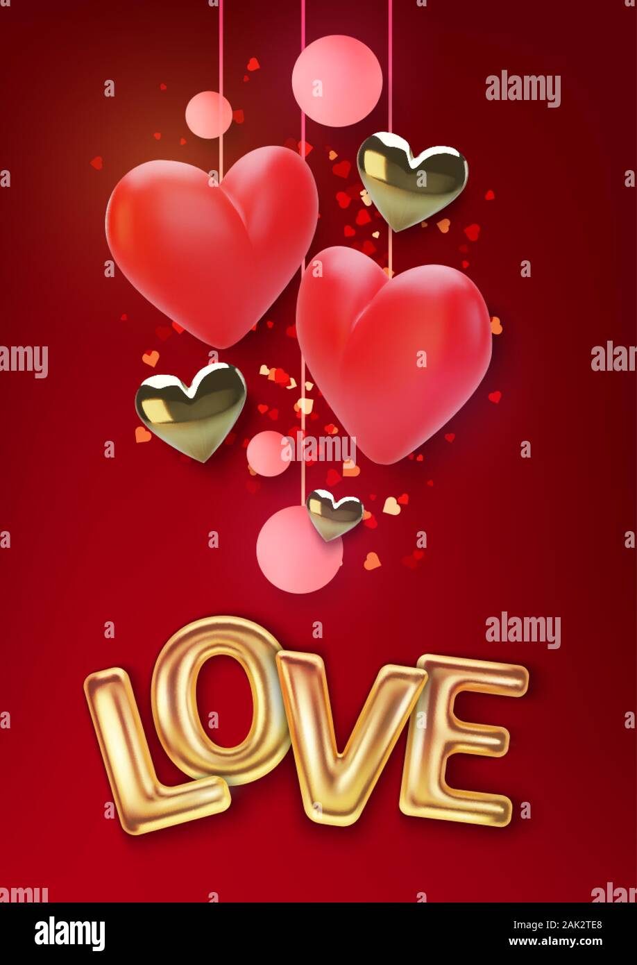 Happy Valentines Day greeting card. Realistic 3d hearts on red ...