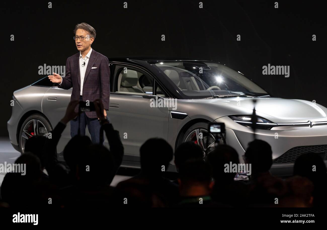 Las Vegas, USA. 06th Jan, 2020. Kenichiro Yoshida, President of Sony Interactive Entertainment Worldwide Studios, presents the prototype of an electrically powered vehicle from Sony, 'Vision-S', at the technology trade fair CES. Credit: Florian Schuh/dpa Themendienst/dpa/Alamy Live News Stock Photo