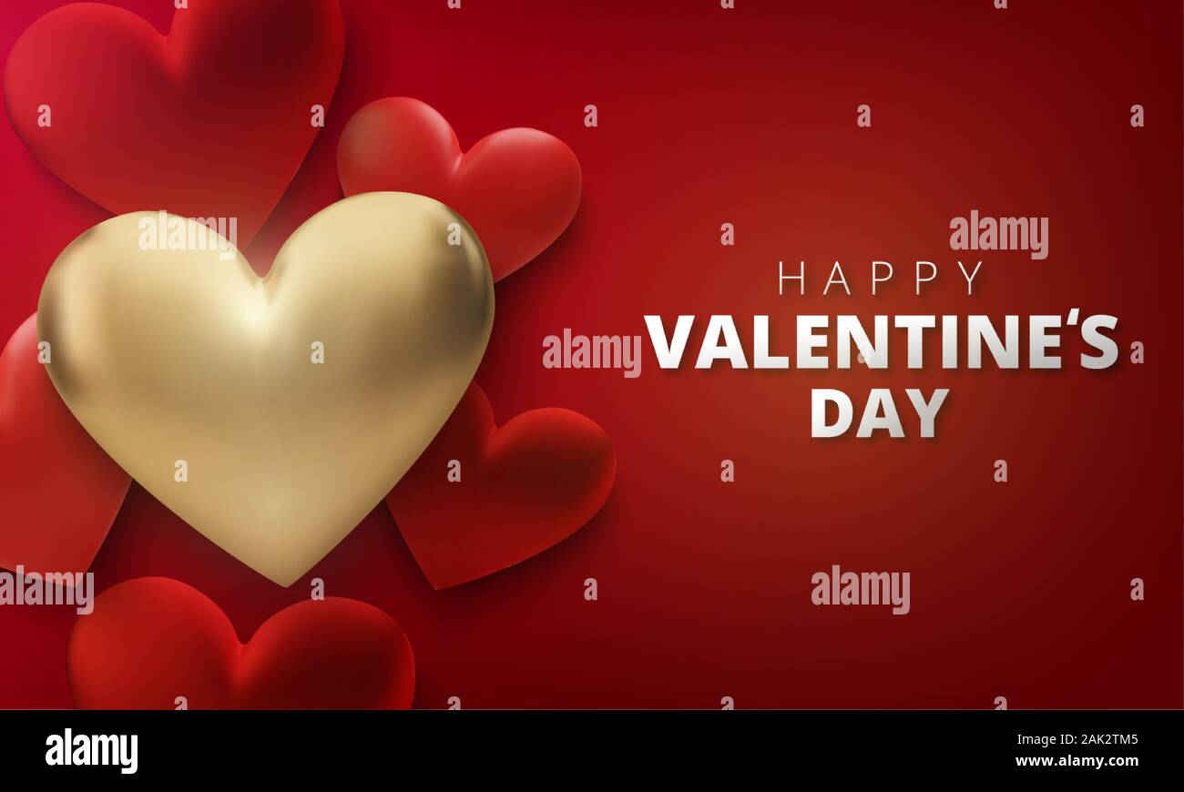 Happy Valentines Day greeting card. Realistic 3d hearts on red ...