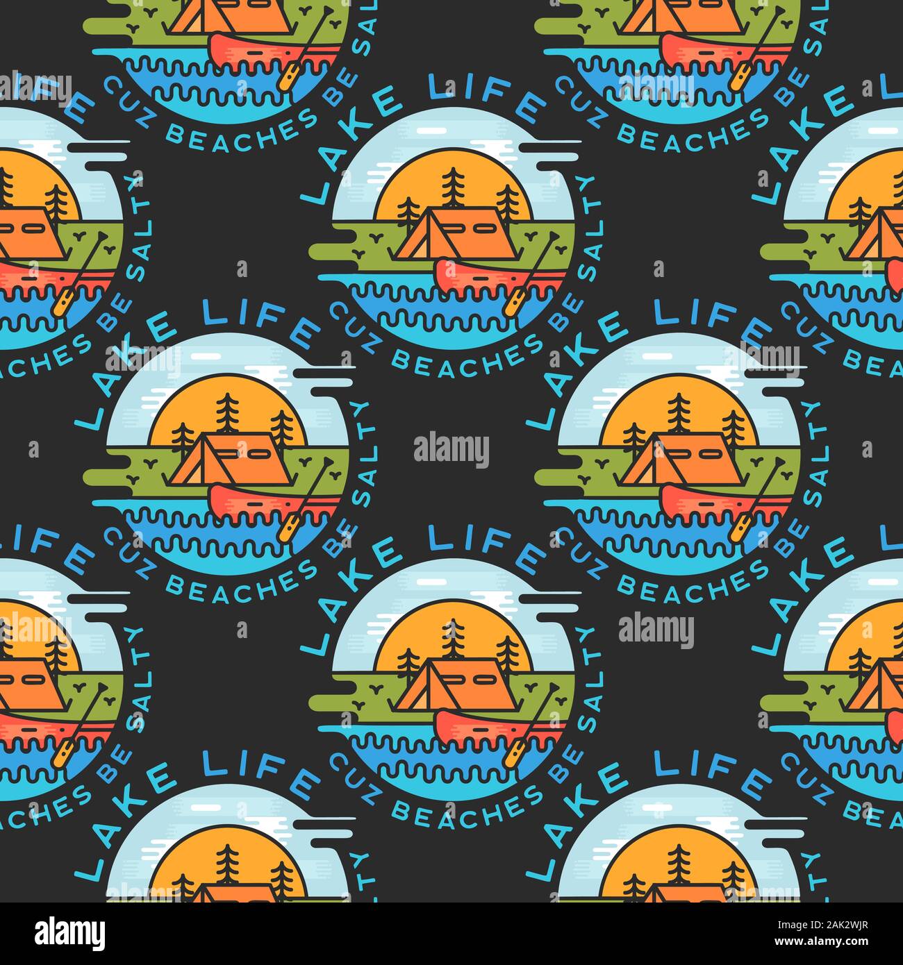 Adventure seamless pattern with camp labels badges. Lake life cuz