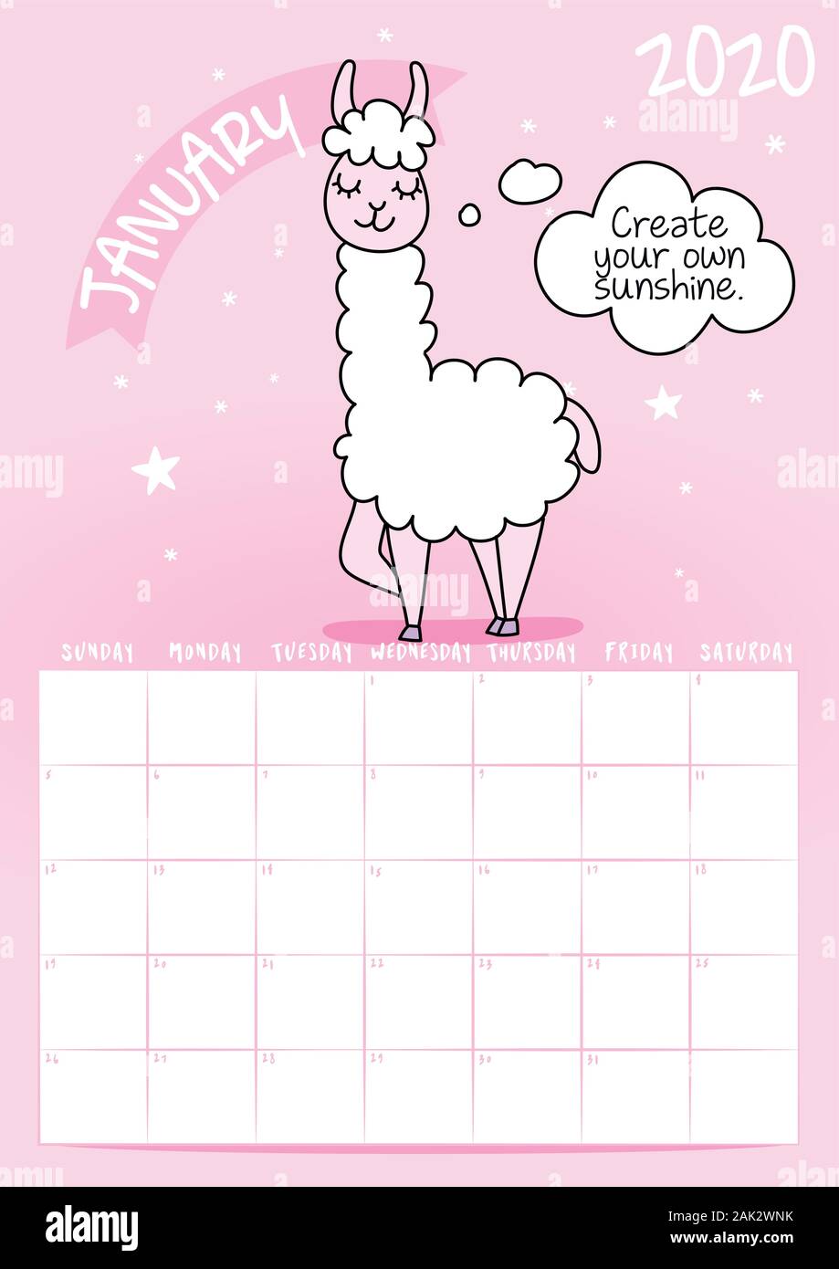 2020 January Calendar With Calligraphy Phrase And Llama Doodle