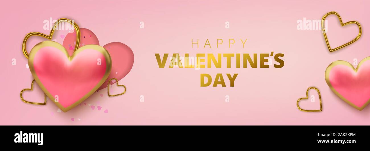 Happy Valentines Day greeting card. Realistic 3d hearts on pink ...