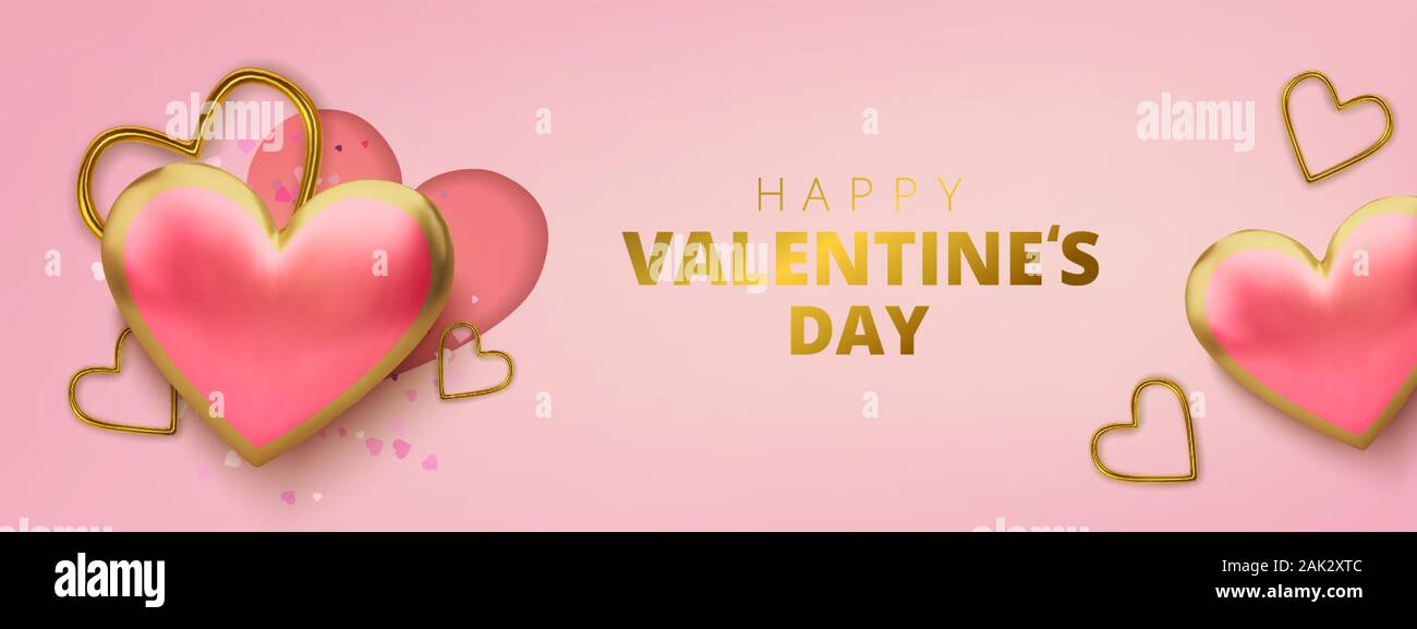 Happy Valentines Day greeting card. Realistic 3d hearts on pink ...