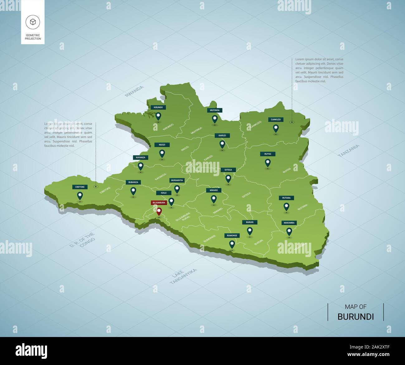 Stylized Map Of Burundi. Isometric 3D Green Map With Cities, Borders ...