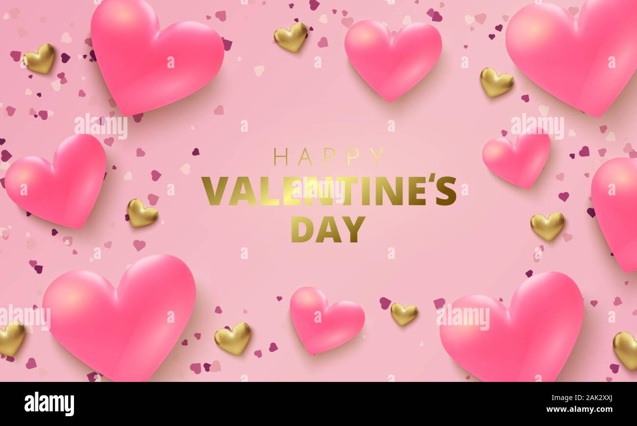 Happy Valentines Day greeting card. Realistic 3d hearts on pink ...
