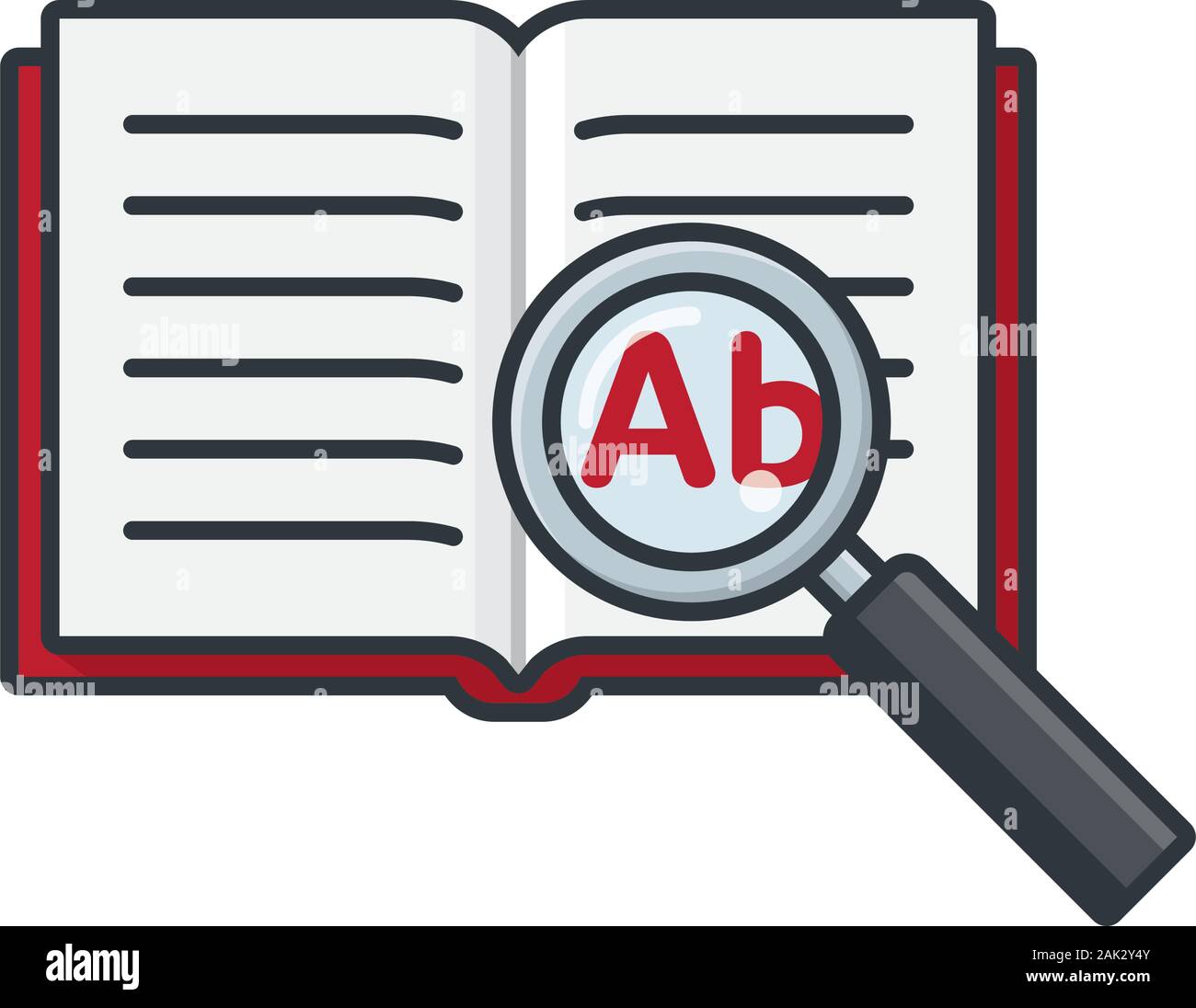 Thesaurus or encyclopedia with magnifying glass color vector illustration. Knowledge, learning and education isolated Stock Vector