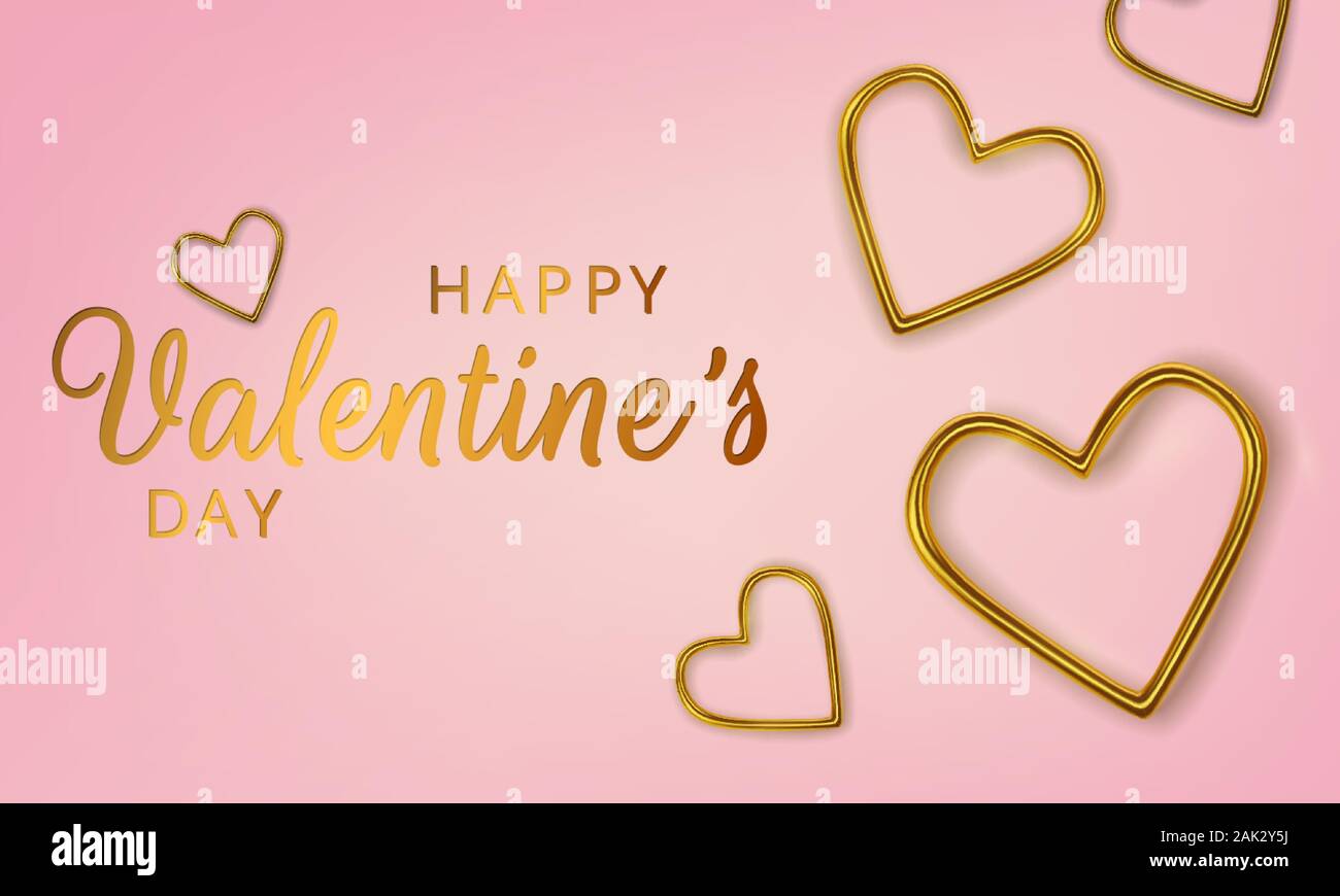 Happy Valentines Day greeting card. Realistic 3d gold metallic hearts ...