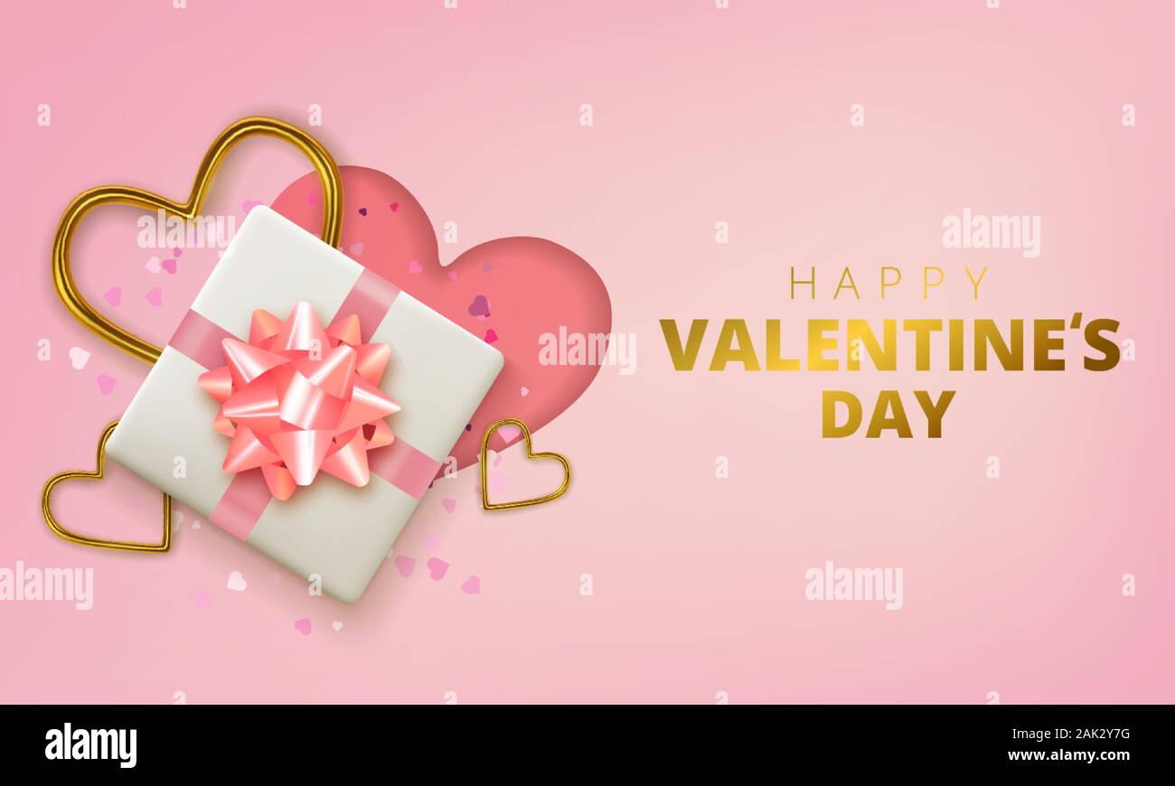 Happy Valentines Day greeting card. Realistic 3d hearts on pink ...