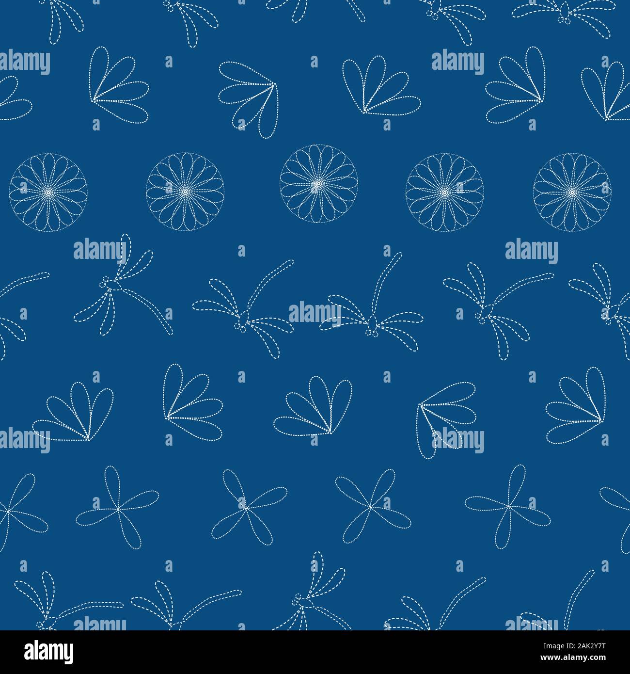 Seamless vector pattern background with dragonflies and flowers in ...