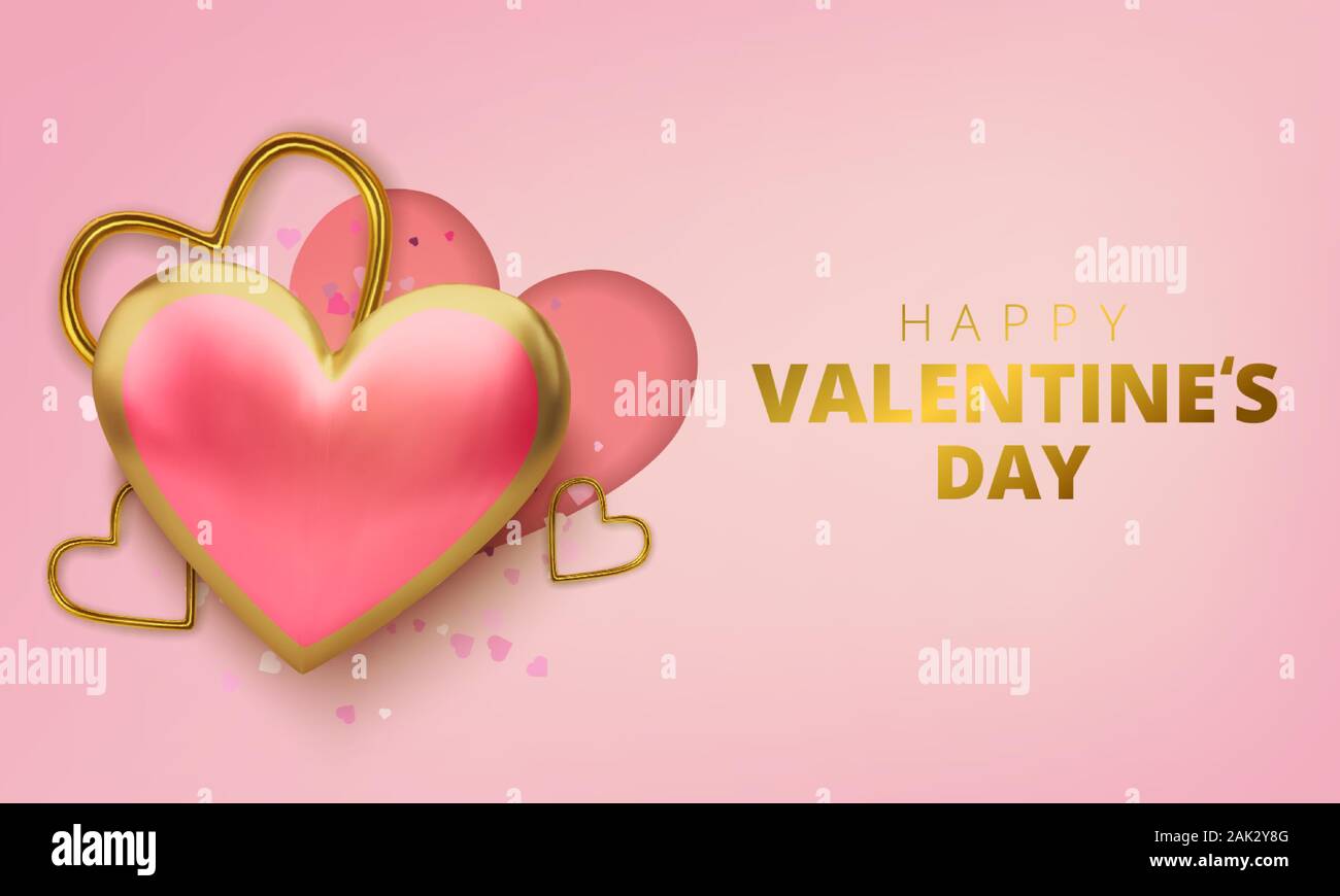 Happy Valentines Day greeting card. Realistic 3d hearts on pink ...