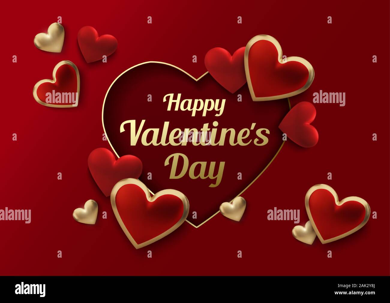 Happy Valentines Day greeting card. Realistic 3d hearts on red ...