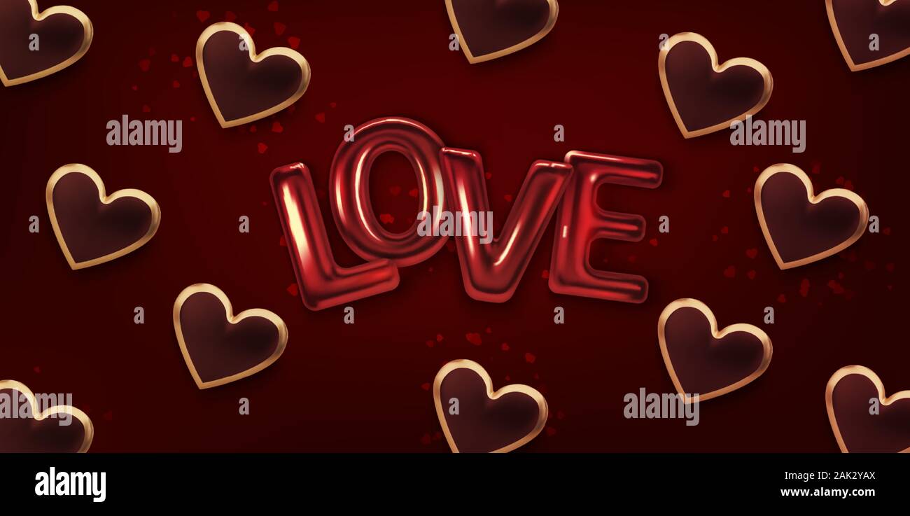 Happy Valentines Day greeting card. Realistic 3d hearts on red ...