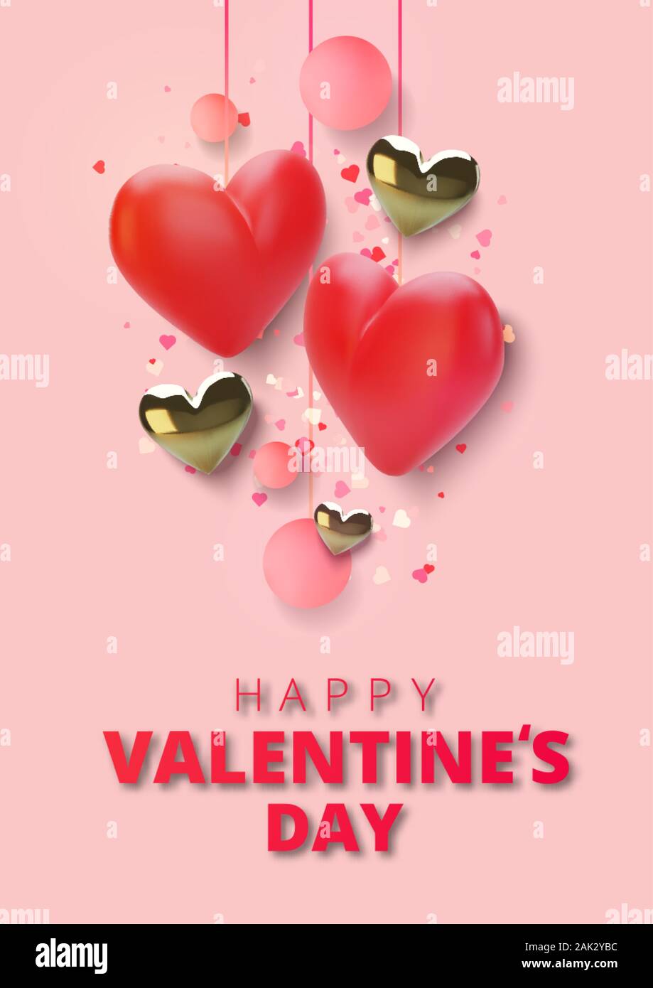 Happy Valentines Day greeting card. Realistic 3d hearts on red ...