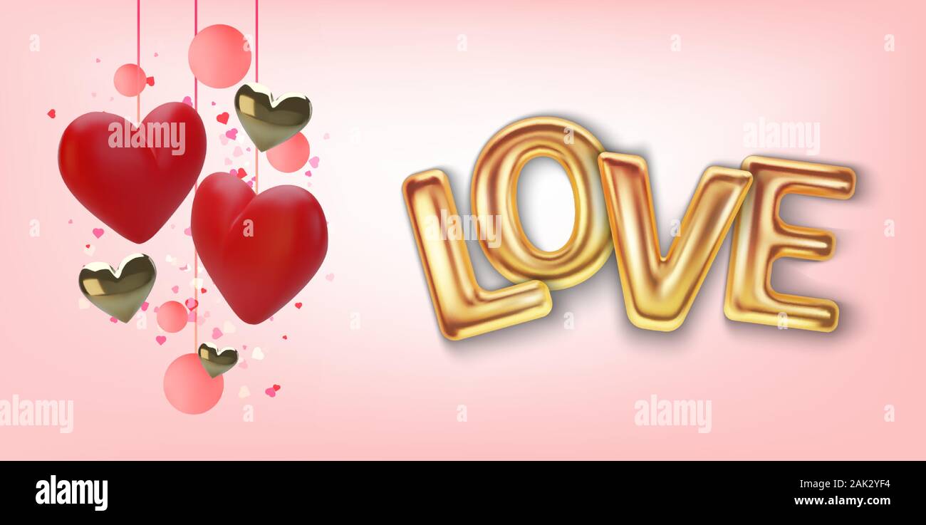 Happy Valentines Day greeting card. Realistic 3d hearts on red ...