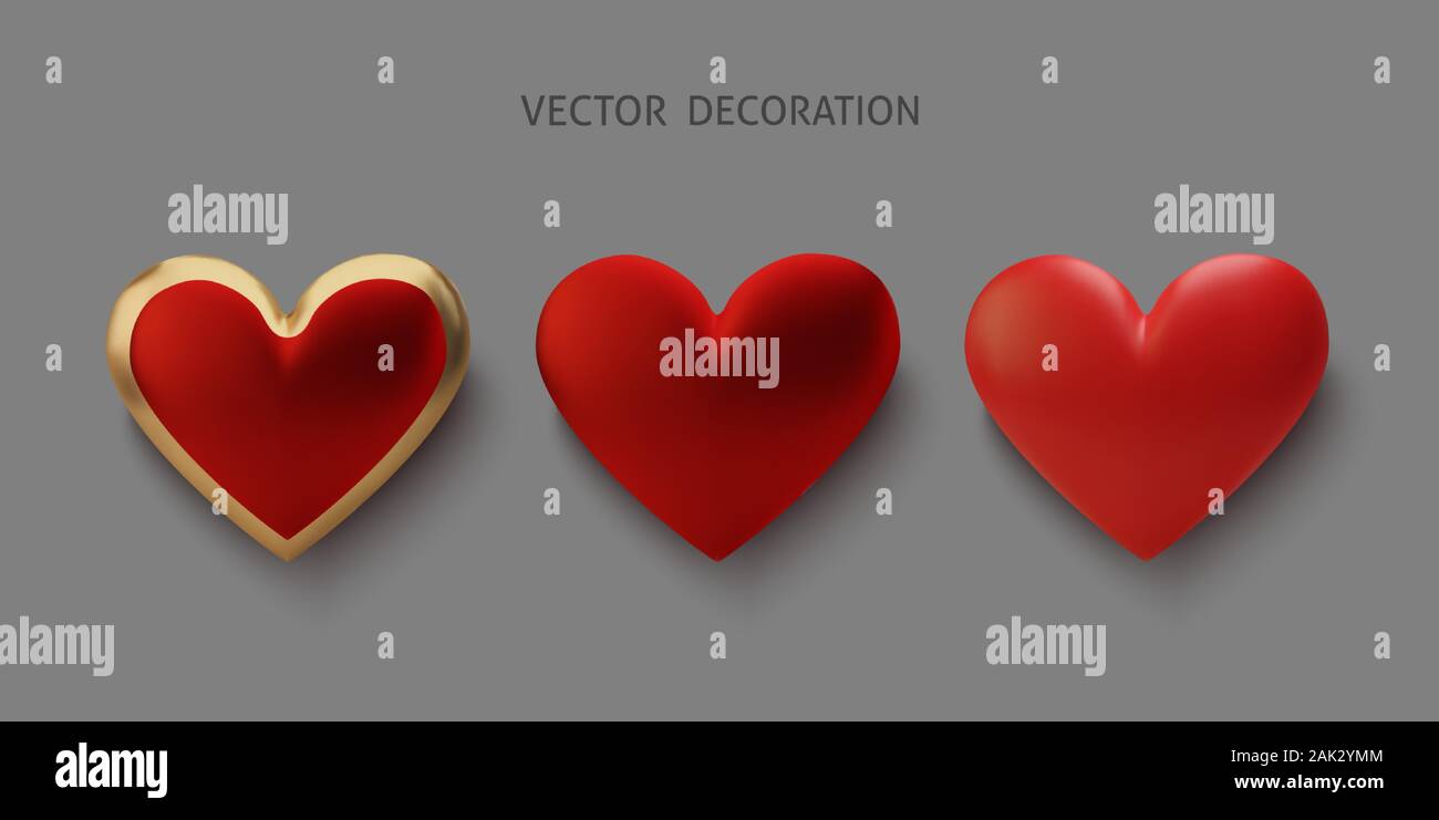 Set Realistic 3d gold and red heart. Happy Valentines Day greeting card ...