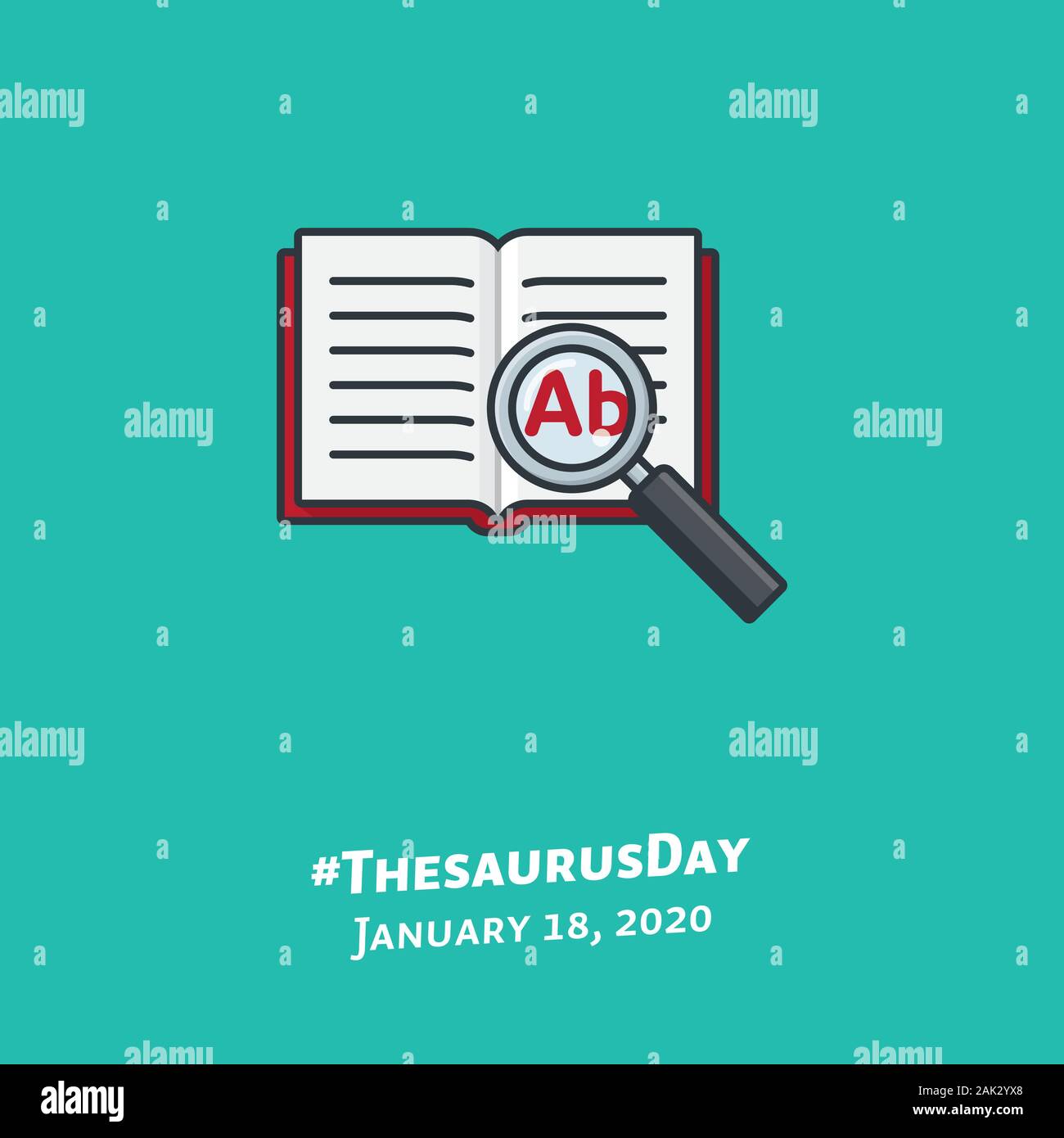 Thesaurus or encyclopedia with magnifying glass, color vector illustration for #ThesaurusDay on January 18. Knowledge, learning and education icon. Stock Vector