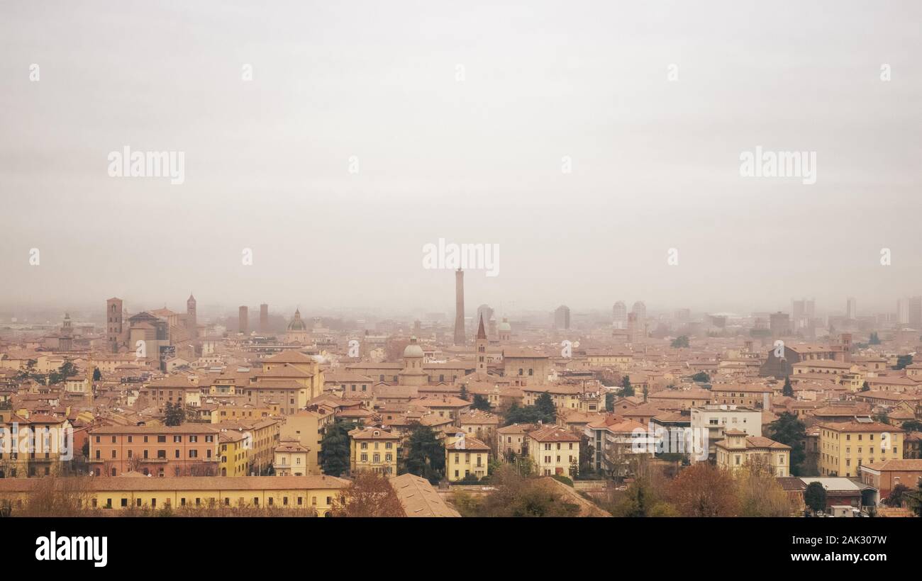 The medieval city of Bolona in foggy weather –panoranic view – Bologna, Emilia Romagna, Italy. Stock Photo
