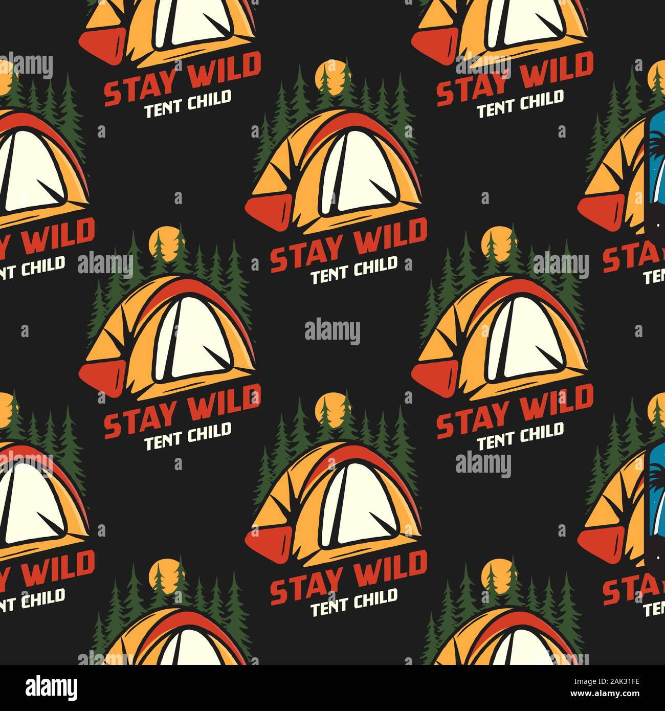 Camping seamless pattern with tent and trees badges. Stay wild tent