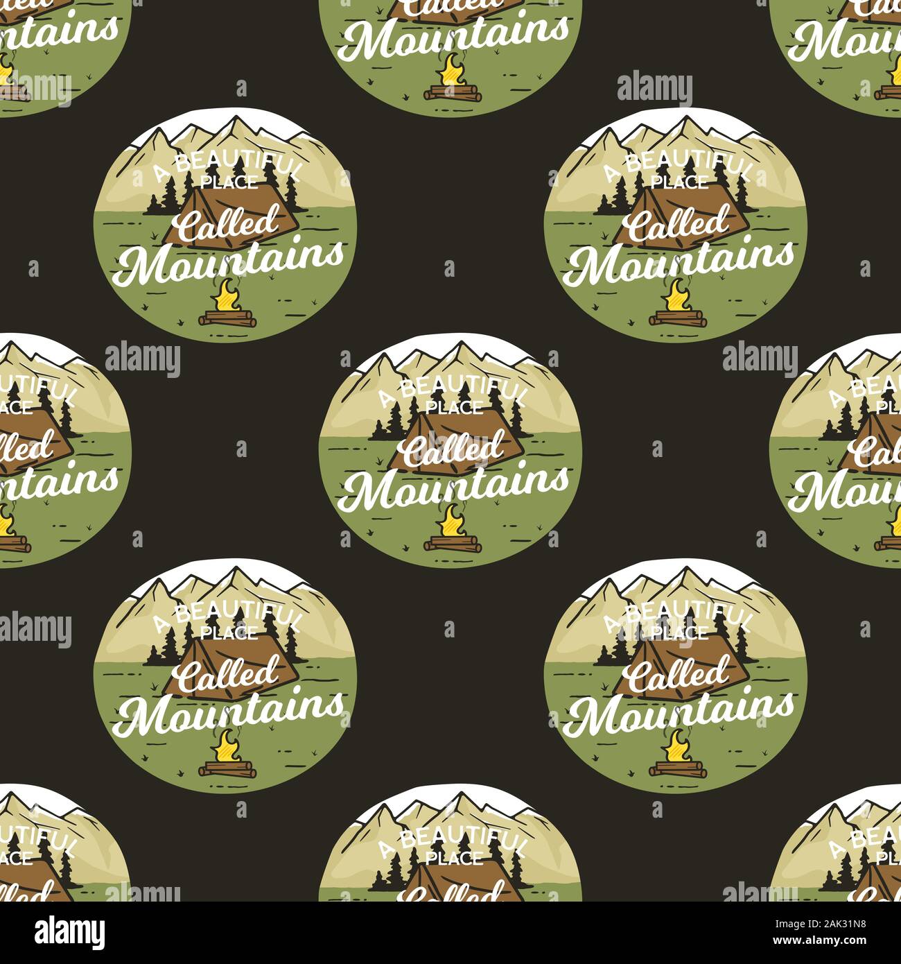 Camping seamless pattern with adventure badges. Travel wallpaper