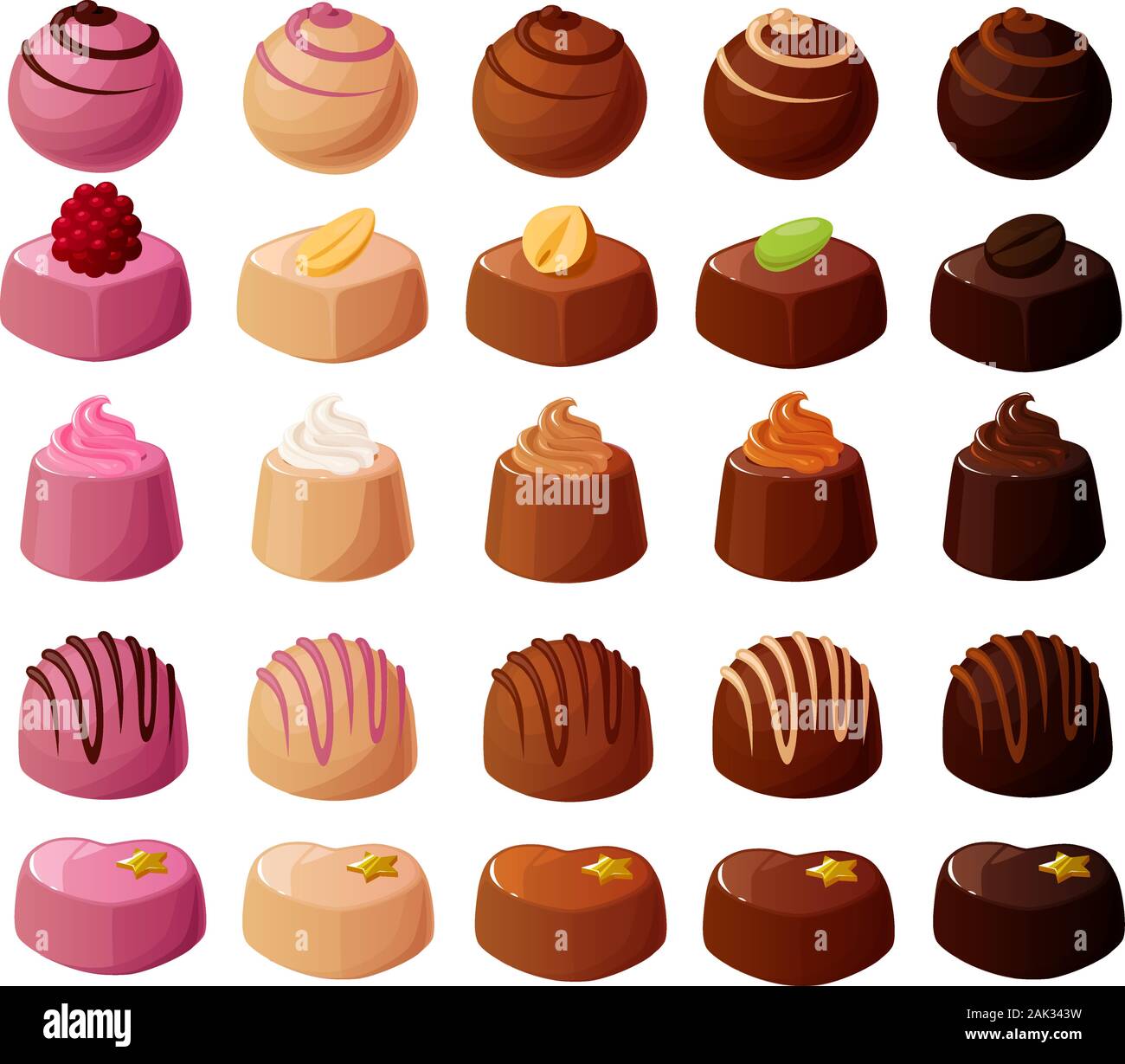 Vector illustration of various kinds of filled chocolate truffles, pralines and bonbons isolated on a white background Stock Vector