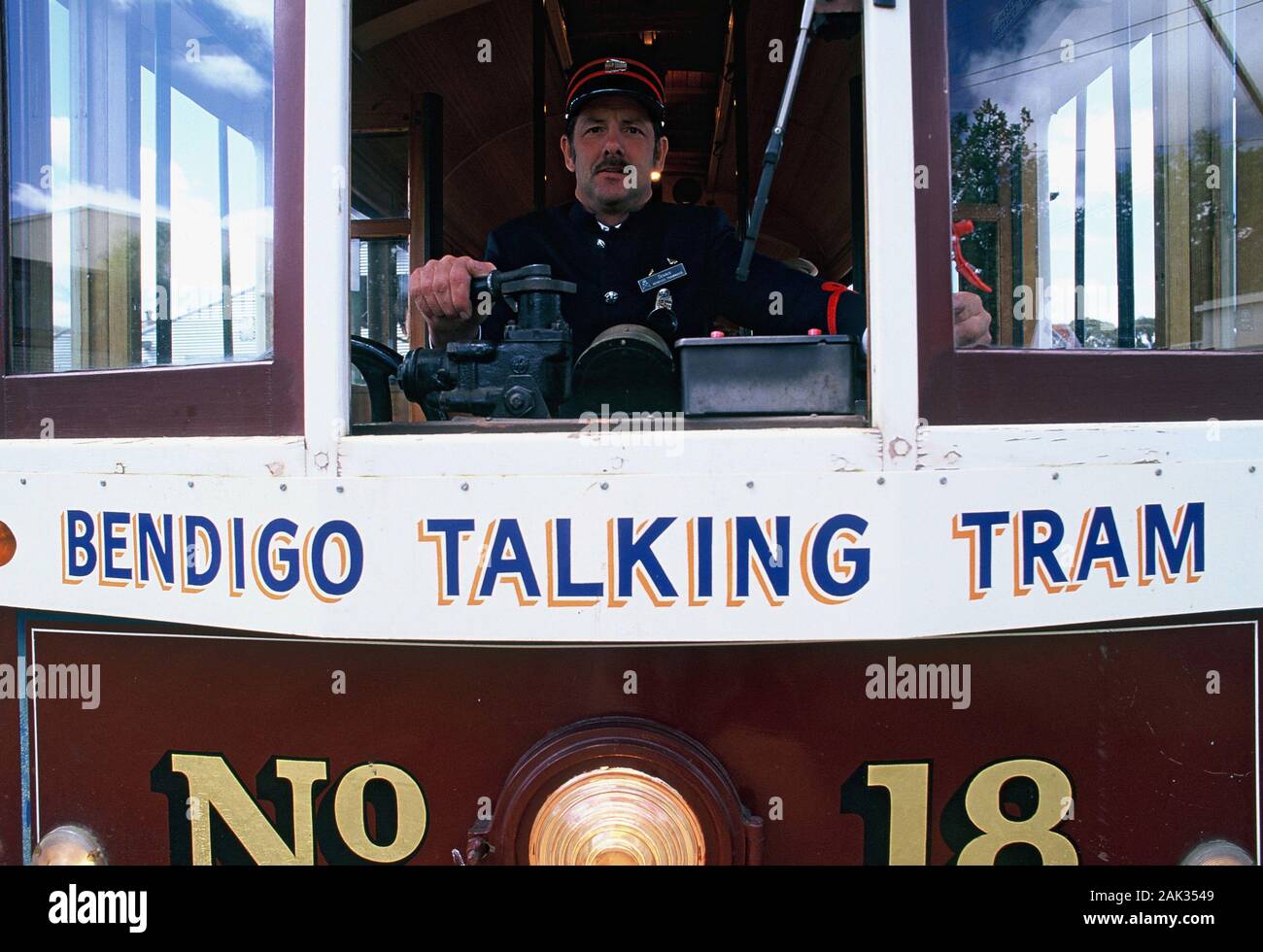 View of a historic tramway, called Bendigo Talking Tram and the tramway driver in Bendigo in Victoria, Australia.  (undated picture) | usage worldwide Stock Photo