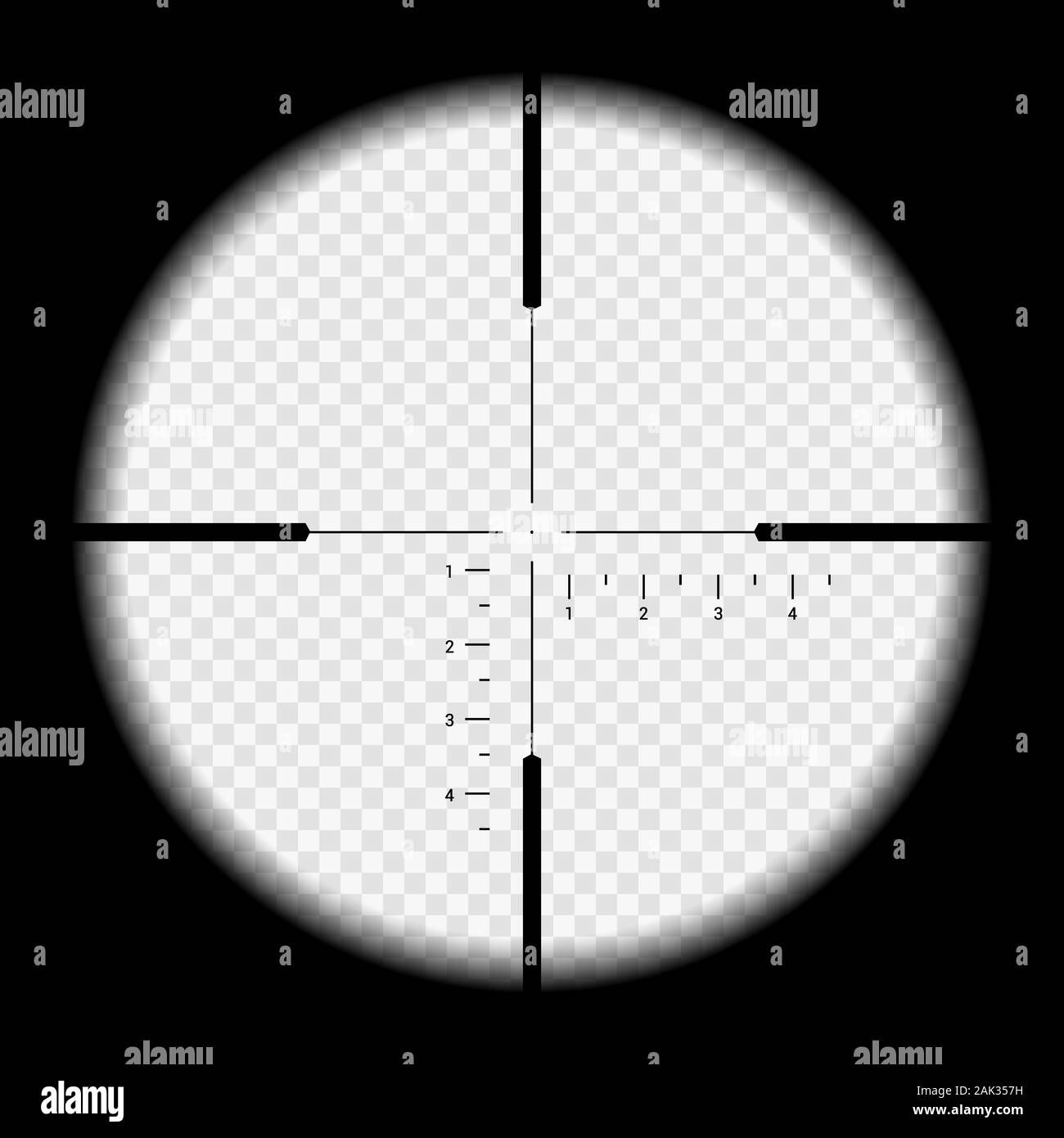 Realistic illustration looking through sniper crosshair with measuring numbers and markers. Optical sight rifle on transparent background - vector Stock Vector