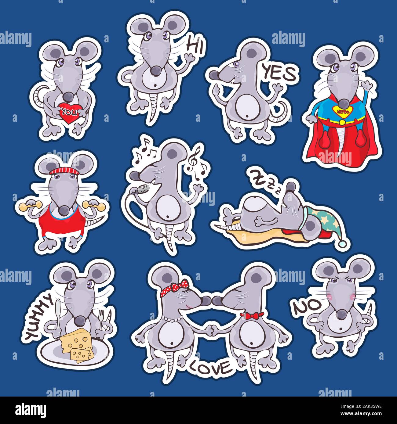 Set of sticker funny rat in different emotions and actions, icon, vector illustration, cartoon outline hand drawing, colorful flat design. Sweet cute Stock Vector