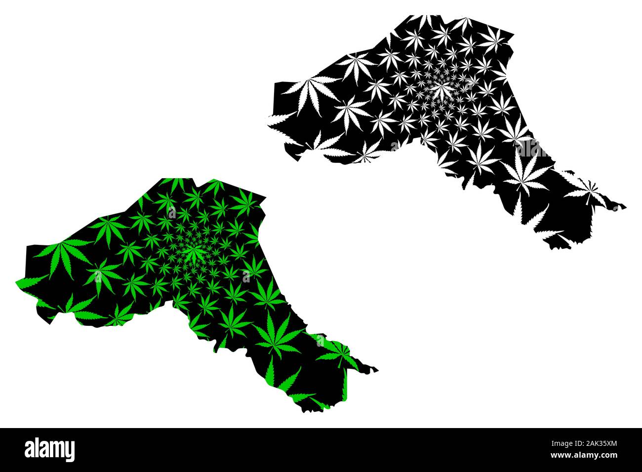 Sahel Region (Regions of Burkina Faso, Burkina Faso) map is designed cannabis leaf green and black, Sahel map made of marijuana (marihuana,THC) foliag Stock Vector