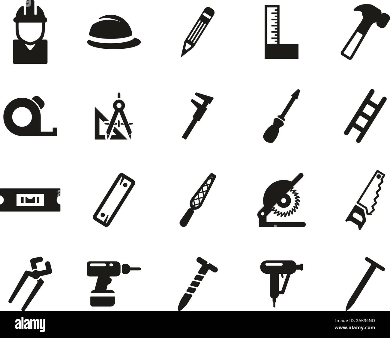 Carpenter Icons Black & White Set Big Stock Vector