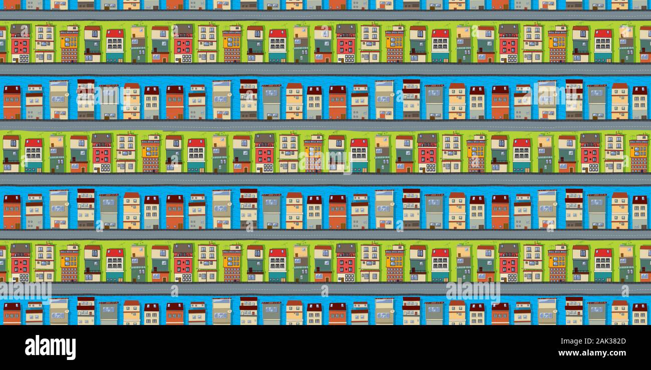 Seamless houses vector pattern, city background. Stock Vector