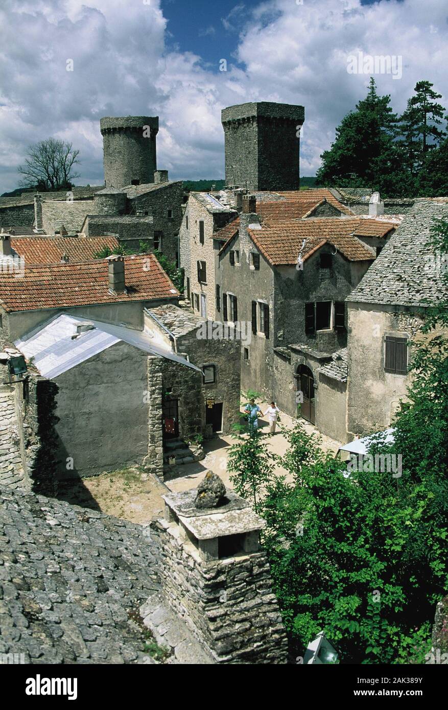 View of houses in La Couvertoirade, France. This village was founded in the Middle Ages by the Templar Knights and was later on a domicile of the Knig Stock Photo