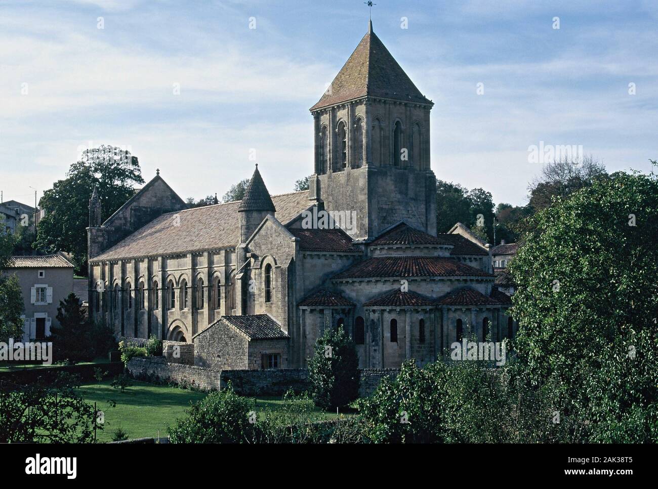 Church Saint Hilaire, built in a specially in Poitou created architectural style, the Poitou-Romanesque Style in Melle, France. The town is situated i Stock Photo