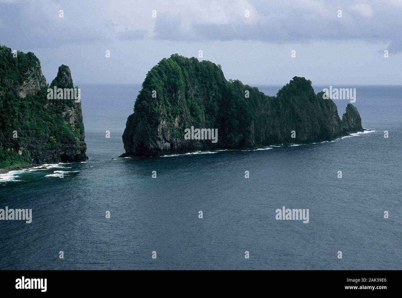 An overgrown rock is situated in front of the coast of an island in the American Samoa National Park in American Samoa. The park was opened in 1988 an Stock Photo