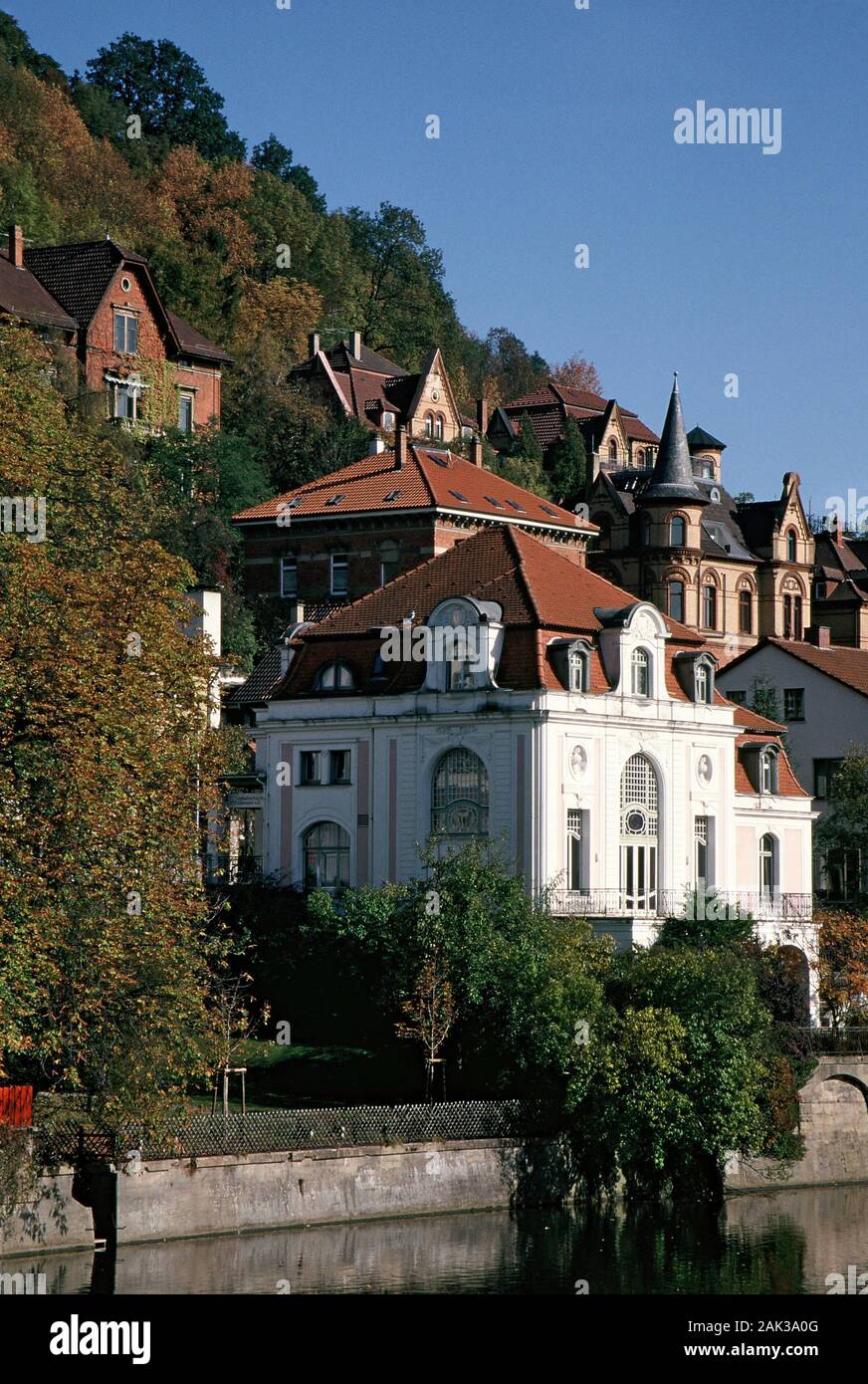 Idyllic situated at the Neckar river is the Old Swabian House in Tübingen. It was built in the style of the French rococo in 1899 and hosts nowadays t Stock Photo