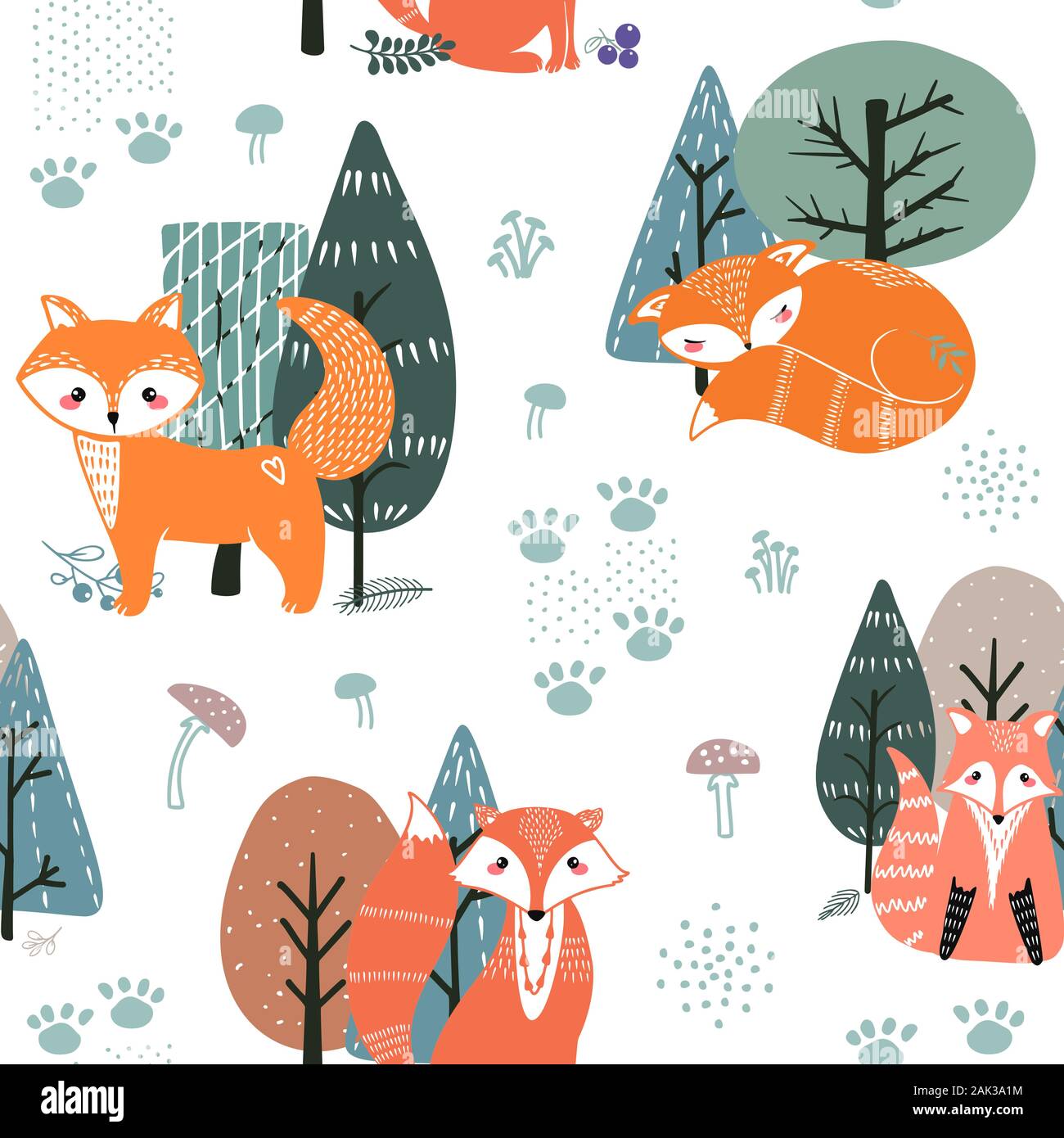 Seamless pattern with foxes and different elements. Illustration hand drawn in scandinavian style. Stock Vector