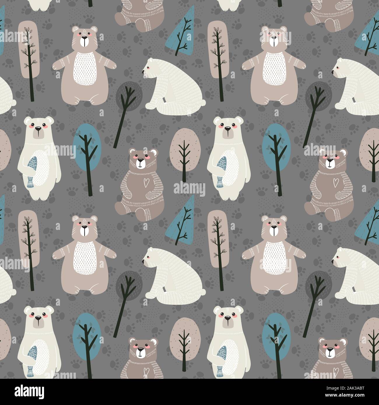 Seamless pattern with cute bears and different elements. Vector illustration in scandinavian style. Stock Vector