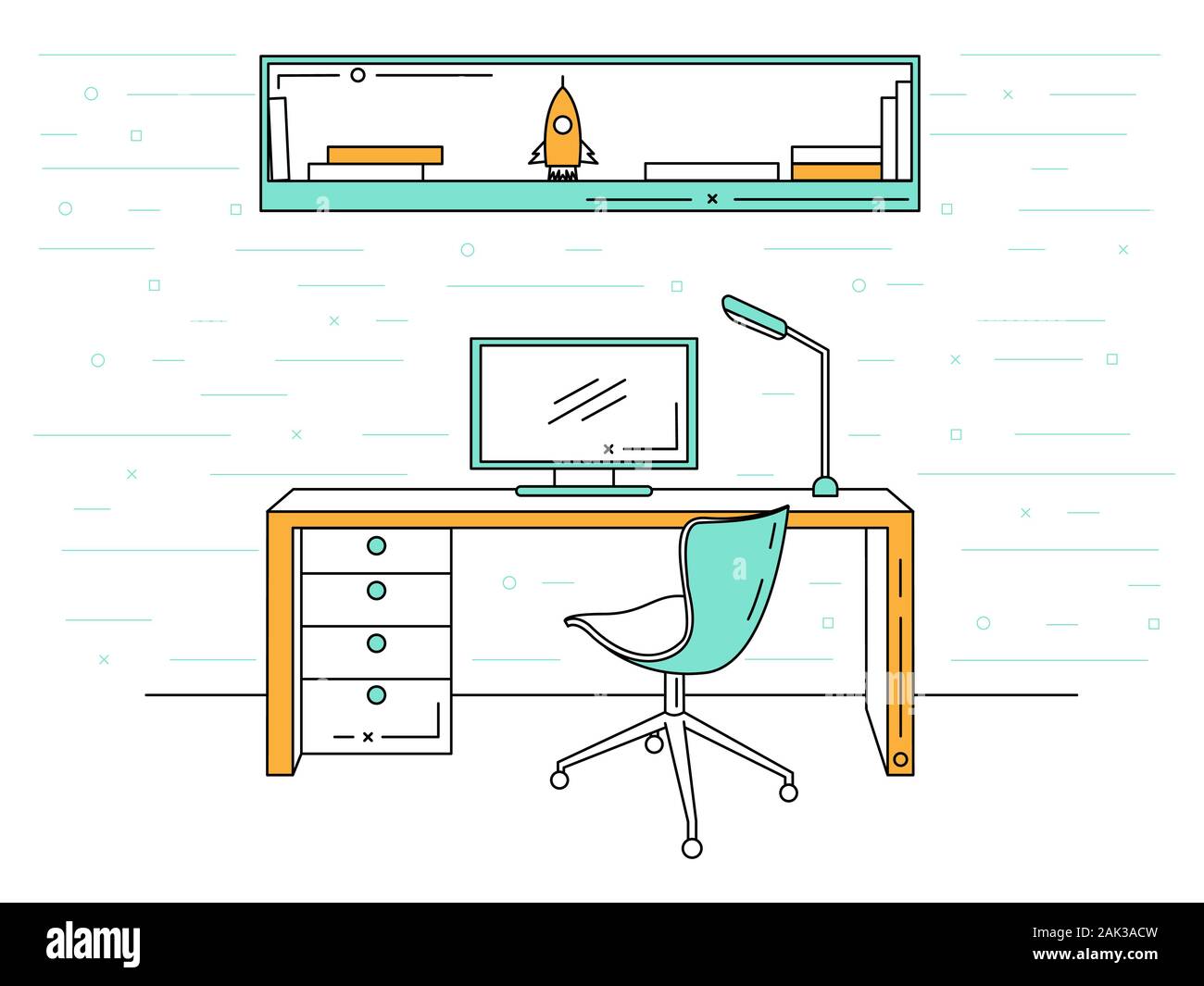Office in a linear style. Workplace with a computer. Vector Stock Vector