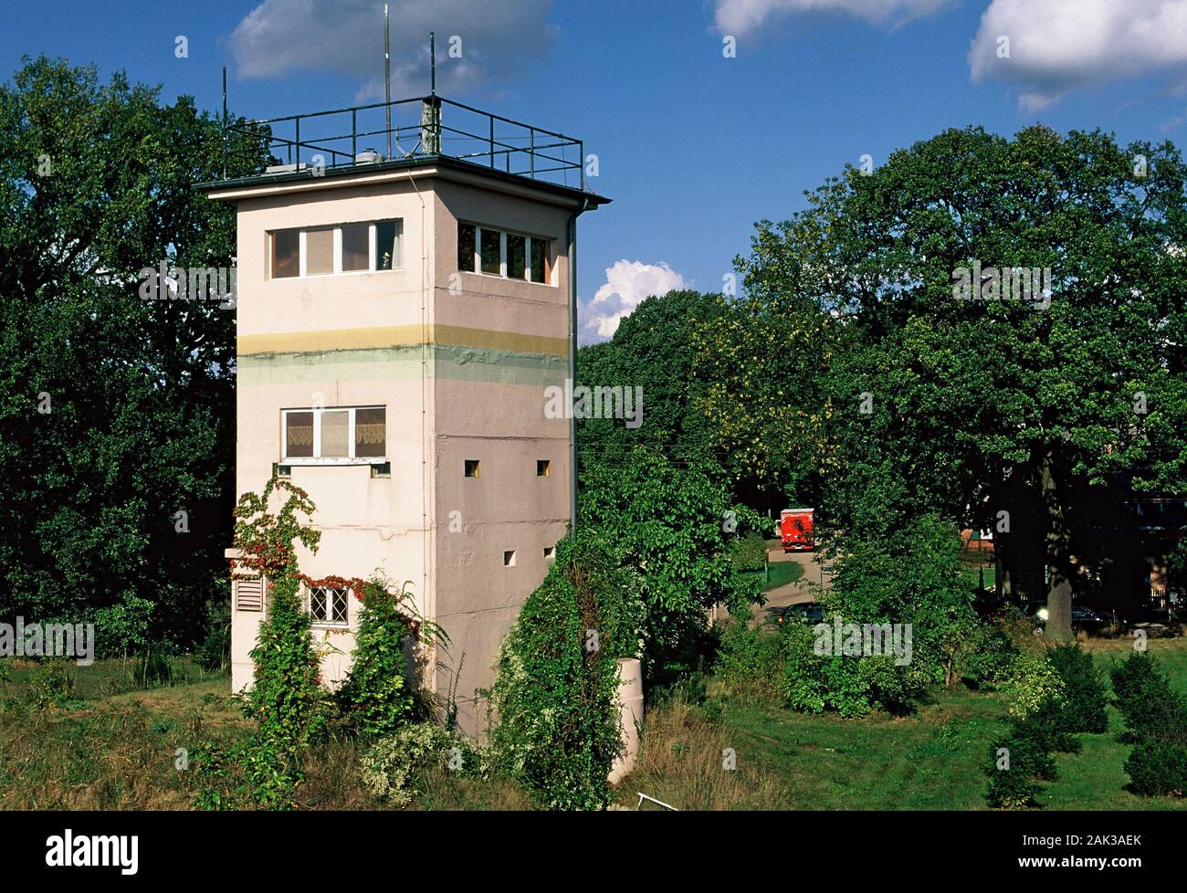 A watchtower in Rüterberg reminds of the German Democratic Republic (GDR). Rüterberg is a district of Dömitz in the federal state of Mecklenburg-Weste Stock Photo