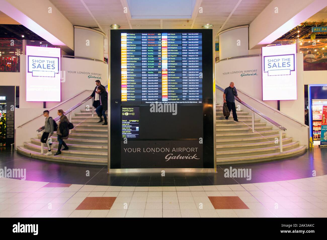 Departure board at London Gatwick Airport, England, United Kingdom