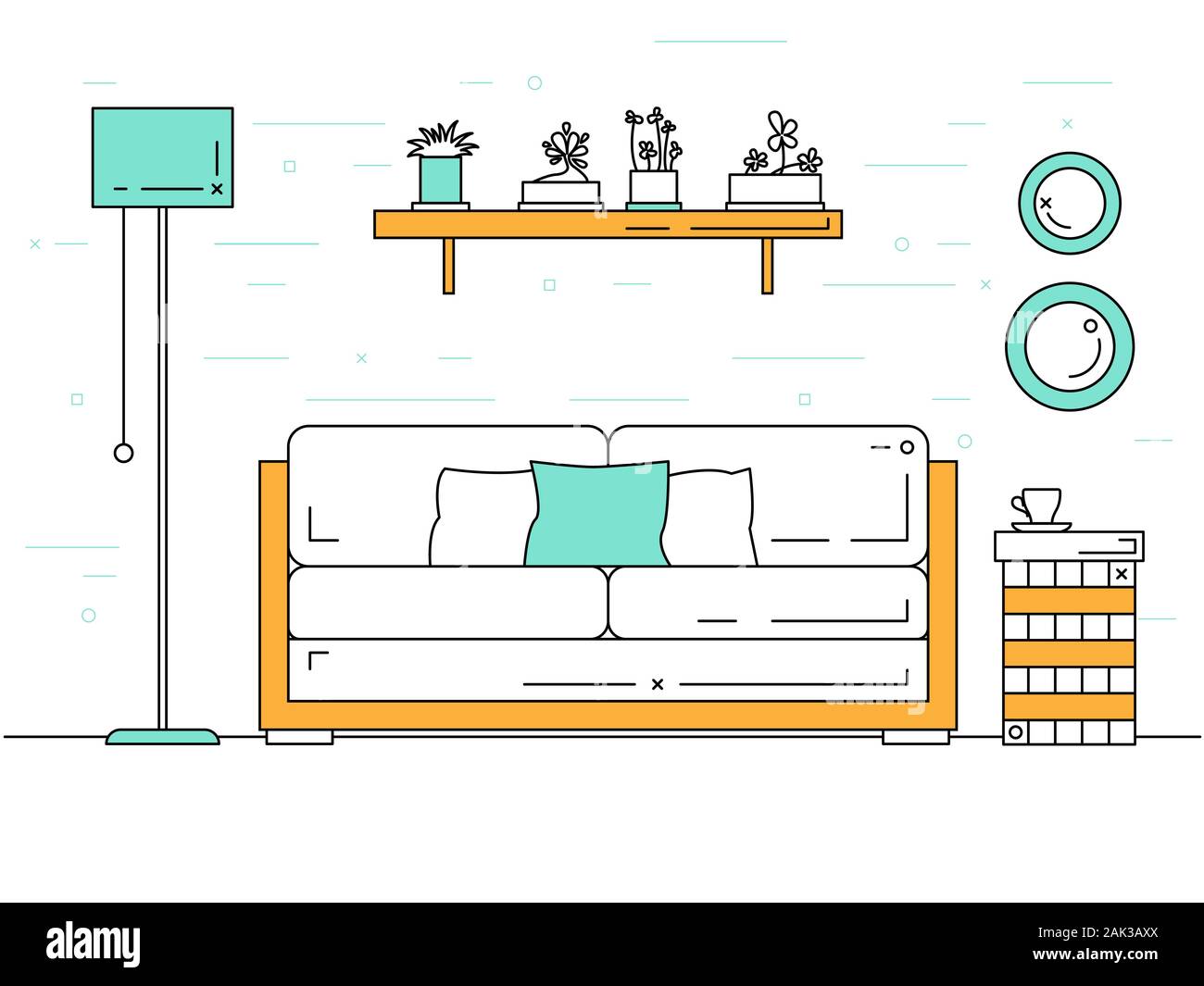 Vector illustration in a linear style. Sofa, bedside table, floor lamp and shelf with plants. Vector Stock Vector