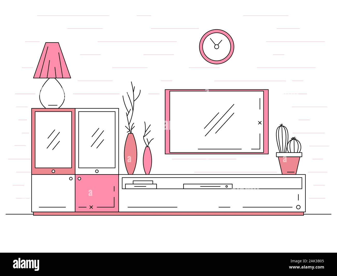 Linear Sketch Of The Interior Bookcase Dresser With Tv And