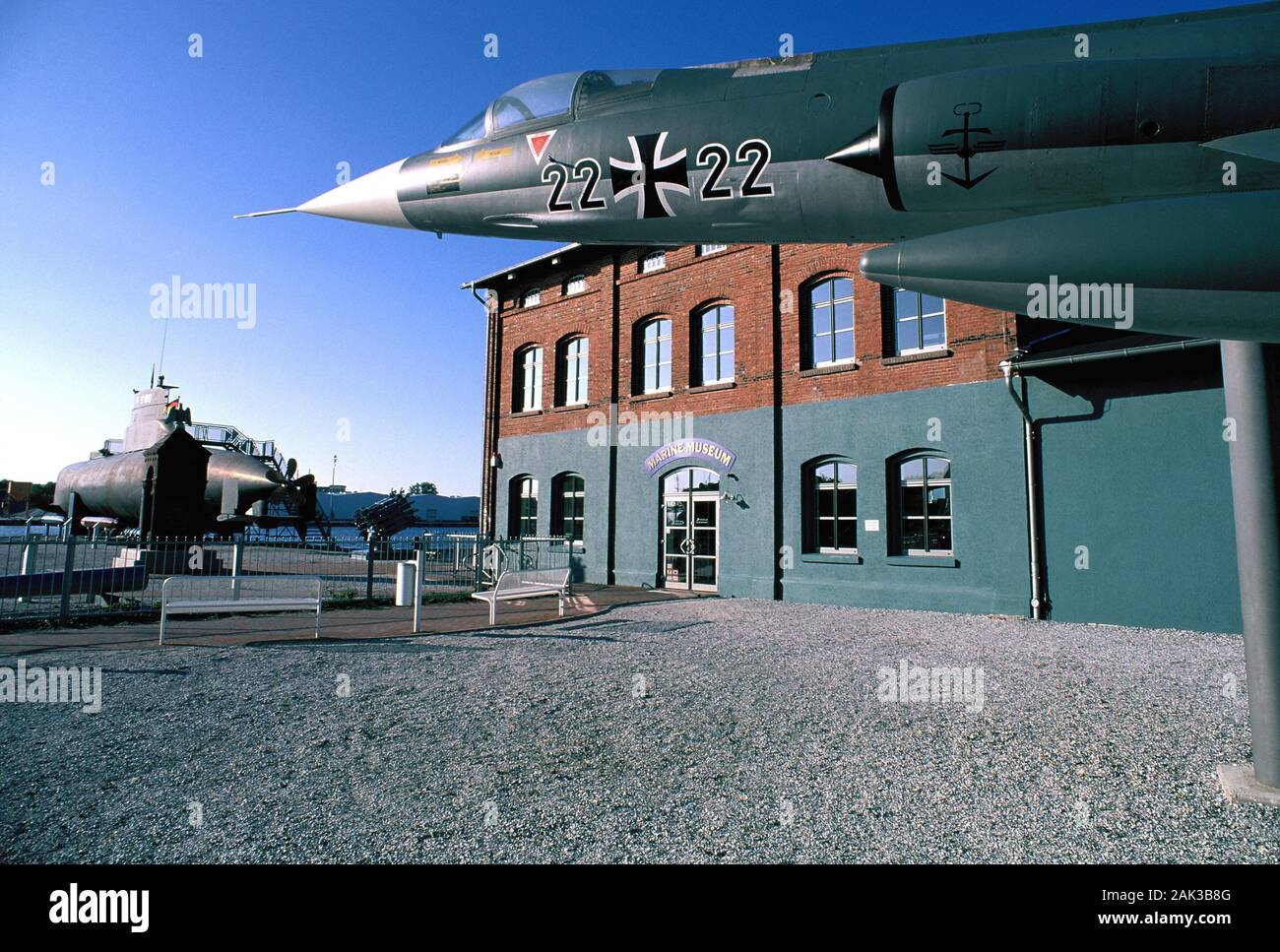 A german warship of the type Starfighter is exhibited in front of the german Marine Museum in Wilhelmshaven. The museum is located in the former block Stock Photo