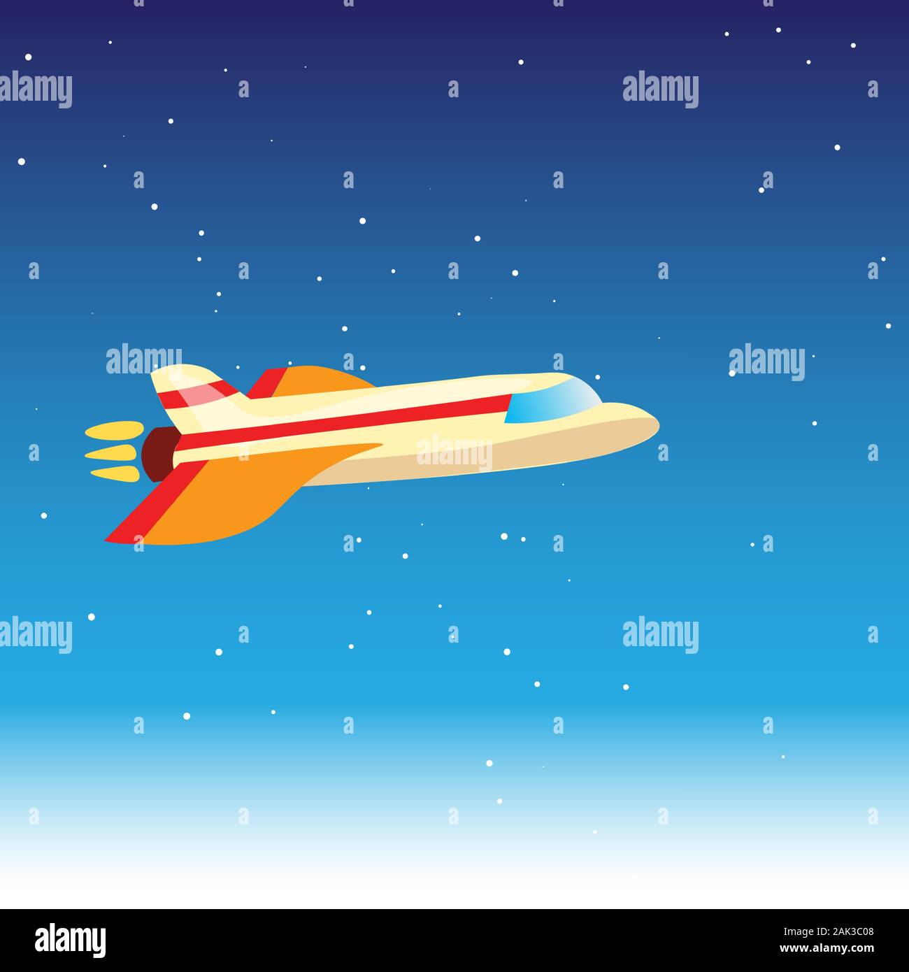 Cartoon cute vector illustration of plane in blue stratosphere, atmosphere, almost in space. Airplane flying in a sky, turbo plane, jet in Stock Vector