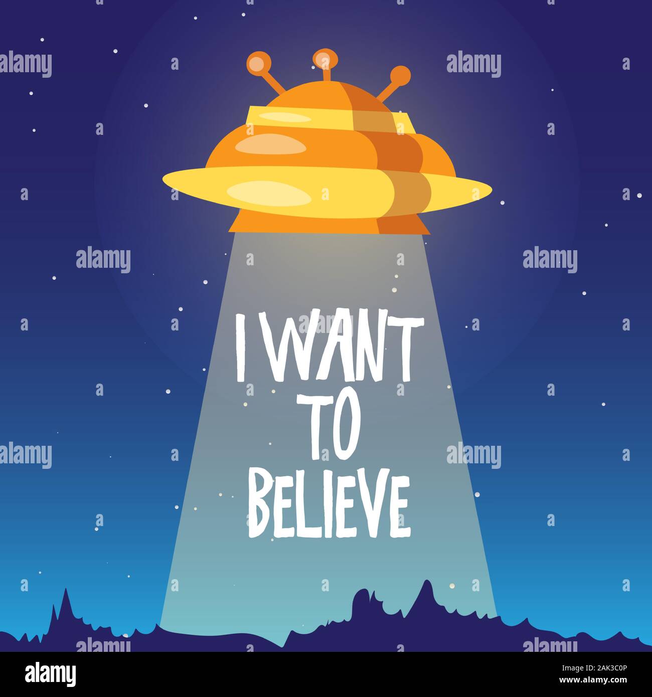 Cute cartoon illustration of UFO space ship landing on the Earth on forest area with lettering I Want to Believe. Cute gold alien ship, UFO concept Stock Vector