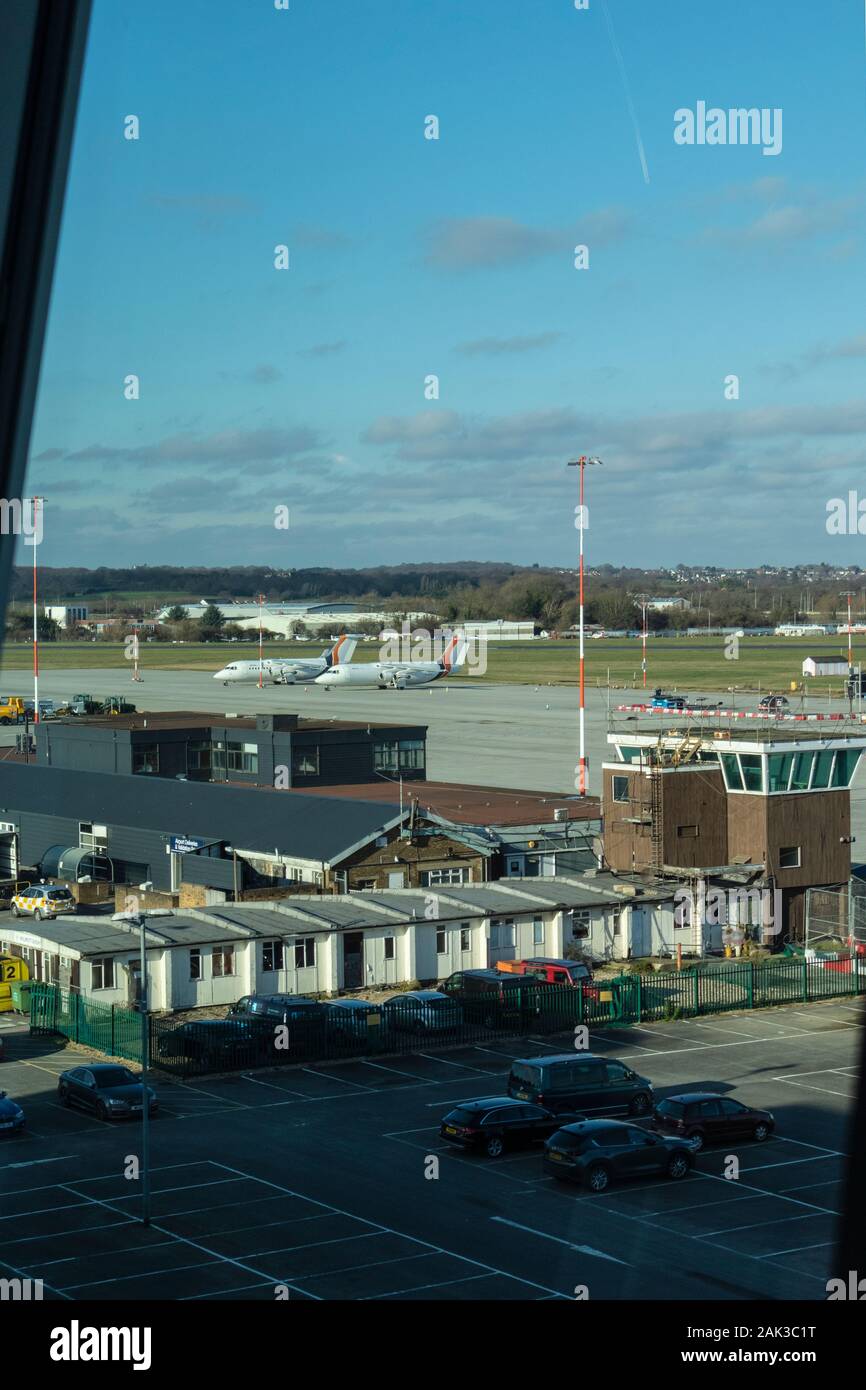 View of Parking Apron at London Southend Airport taken from Holiday Inn on a Bright Day in January Stock Photo