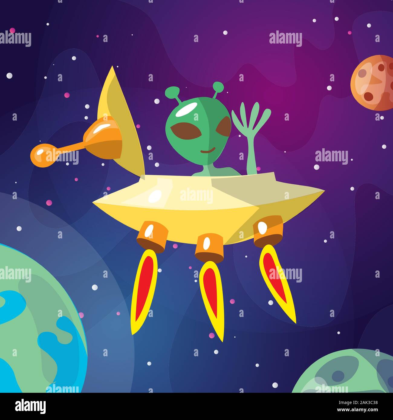 Cute cartoon illustration of UFO and alian creature space ship landing on the Earth or Exo planet. Cute Alien In Spaceship Crew Of Little Green Men Stock Vector