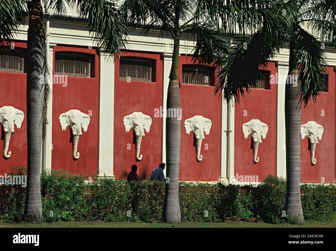 Heads of elephants decorate the headquarters of the Theosophical Society in Madras (Chennai) in the federal state of Tamil Nadu in Southern India. The Stock Photo