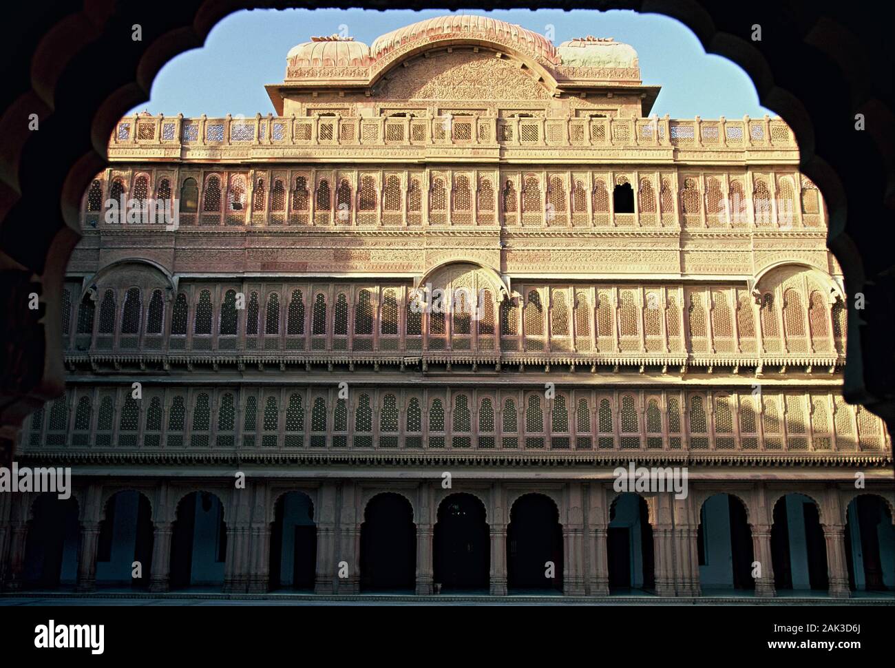 the inner courtyard of the Lalgarh Palace in Bikaner is surrounded by enormous buildings. It is considered to be the heart of the complex. The Lalgarh Stock Photo