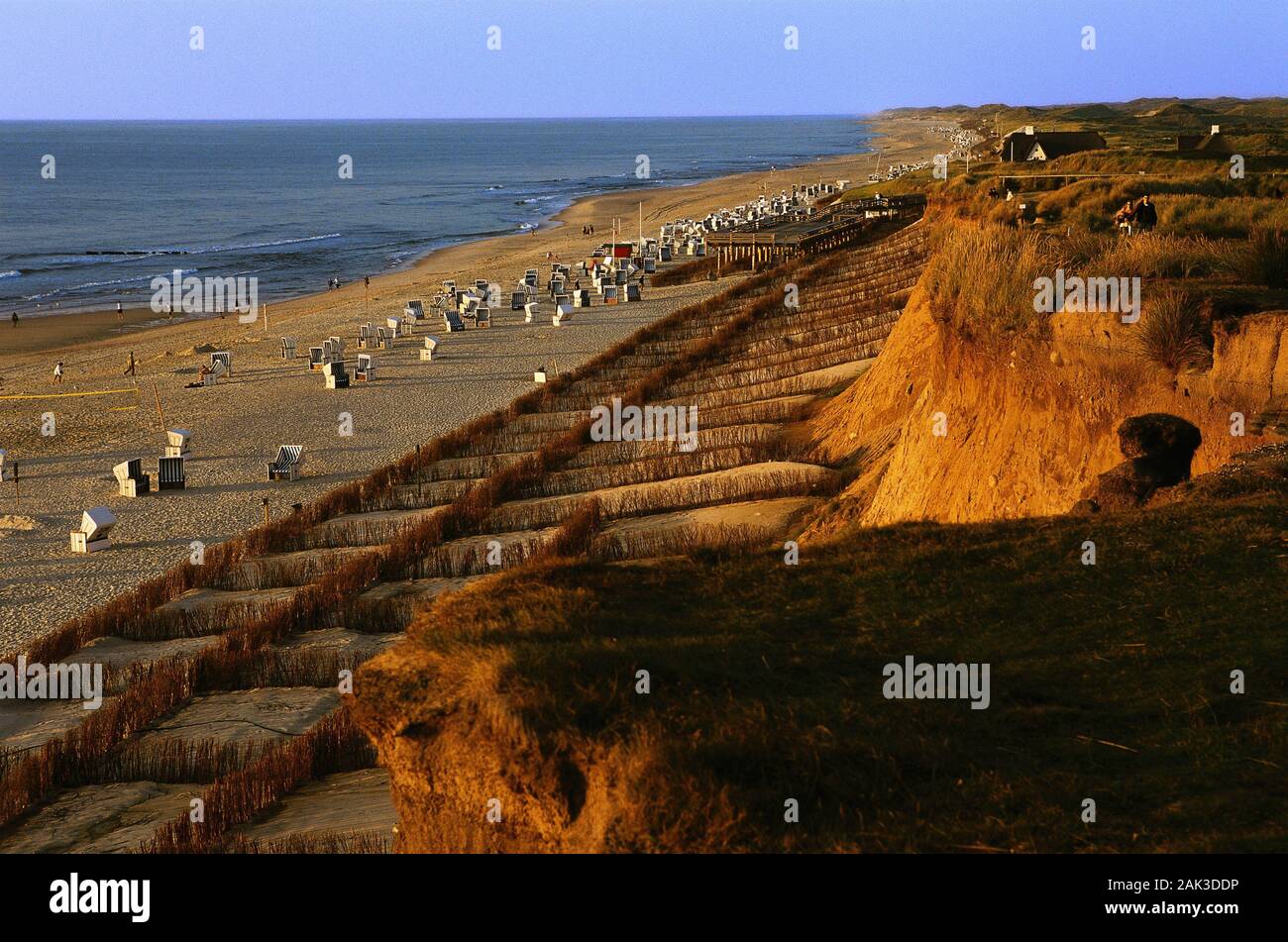 View from the Red Cliff to the beach of Kampen on the island of Sylt. The cliff has an altitude of 30 meters and is composed of red boulder clay that Stock Photo
