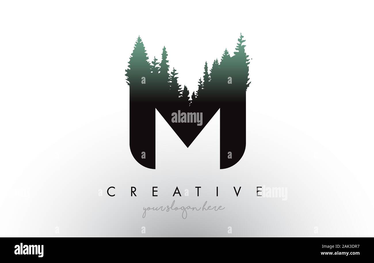 Creative M Letter Logo Idea With Pine Forest Trees. Letter M Design With Pine Tree on TopVector Illustration. Stock Vector